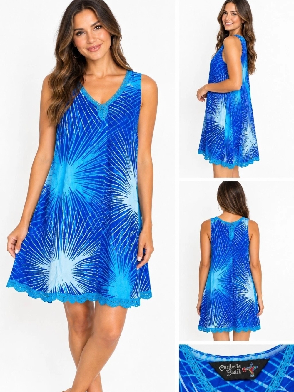 Vintage Caribelle Batik Dress Size L Blue Tropical Print Sleeveless Flowy Beach